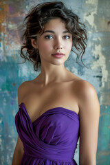 Fototapeta premium A woman in a purple dress with her hair in a bun. She has a pretty smile and is looking at the camera