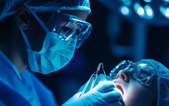 Surgeon performing tonsillectomy on a pediatric patient, bright surgical lights and sterile tools, Medicine, Tonsils Surgeon