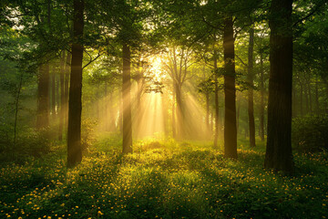 A serene forest scene with bright morning light streaming through trees, creating magical...