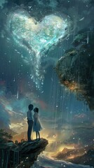 Obraz premium A couple stands on a cliff overlooking a magical, glowing heart-shaped cloud.