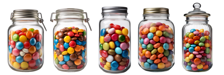 Row of glass jars filled with colorful candy, displayed in line against a white background, showcasing variety and sweetness.