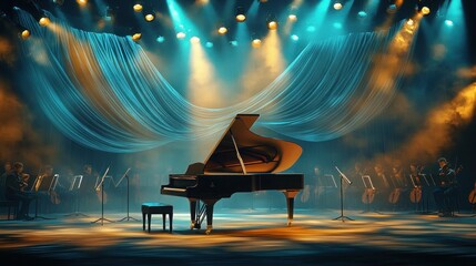 a grand piano on stage at an orchestral concert, with deep blue and gold spotlights creating a majestic ambiance, and a backdrop of flowing fabric illuminated by soft lights.