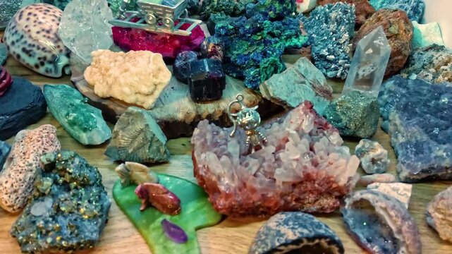 colorful various uncut and raw mineral stones, gemstone and healing stone collection, Healing reiki chakra crystals over fabric background. Gemstones for wellbeing, harmony, meditation, relaxation