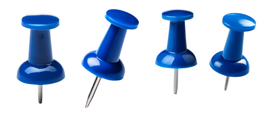 Four blue push pins isolated on a white background, commonly used for office tasks, pinning notes, and organizing documents.