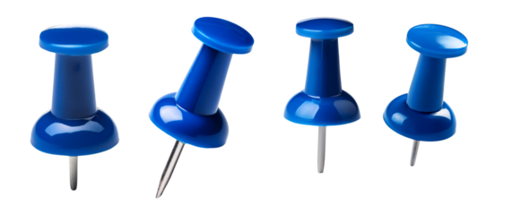 Four blue push pins isolated on a white background, commonly used for office tasks, pinning notes, and organizing documents.