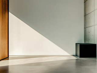 Obraz premium A minimalist room with a wooden door and concrete wall illuminated by soft diagonal sunlight in the afternoon