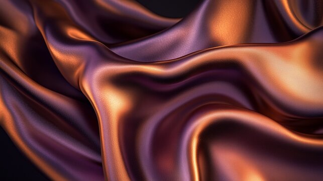 A close-up of an elegant, flowing fabric in shades of copper and purple against a dark background.
