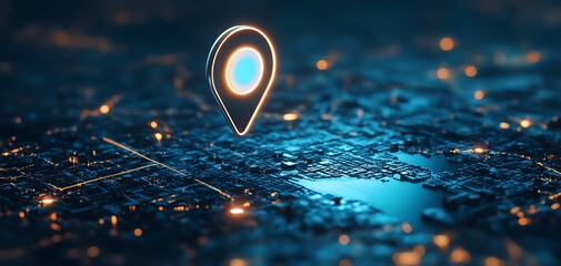 A futuristic city map pinpointing a location with digital technology, highlighting urban navigation and geographical innovation.