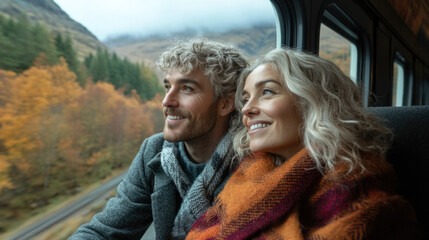Fototapeta premium An older couple on a train journey through a scenic autumn landscape, both smiling and wearing warm clothing. The view outside the windows showcases colorful fall foliage, creating a serene environmen