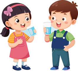 Happy children smiling and drinking water from glasses
