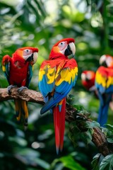 Obraz premium a flock of parrots, one red and one yellow, perched on a tree branch against a lush green backdrop in a tropical setting