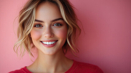 Fototapeta premium A close-up image of a smiling woman with wavy blond hair and a pink background. Her joyful expression and glowing skin capture the viewer's attention and radiate happiness.
