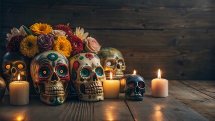 Illustration of Dia de los Muertos celebration with colorful skulls and candles.Colorful skulls with candles to celebrate the Day of the Dead