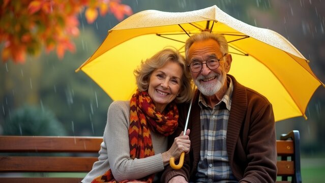 An elderly couple, both smiling warmly, are sharing an umbrella on a rainy day in the park. The autumn colors surround them, capturing a tender moment of love and companionship amidst the weather.