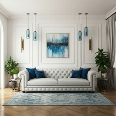 A mid-century modern living room, dark teal accent wall, large textured art canvas, teal velvet sectional sofa with colorful patterned throw pillows, wood floors, potted plant decor, industrial pendan