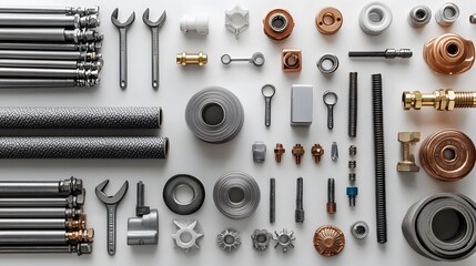 Plumbing tools and materials are neatly arranged on a white background, showcasing a well-organized layout of hoses, pipes, and fittings in a diverse industrial still-life style.