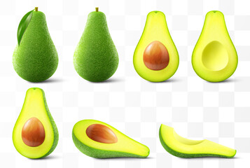 Fresh fruit avocado isolated on transparent background. Whole, slices and halved avocado with bone. Green avocado for healthy eating. Realistic 3d vector illustration.