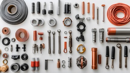 Plumbing tools and materials are neatly arranged on a white background, showcasing a well-organized layout of hoses, pipes, and fittings in a diverse industrial still-life style.