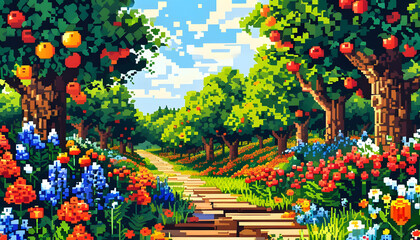 Pixelated Garden Path with Fruit Trees and Flowers