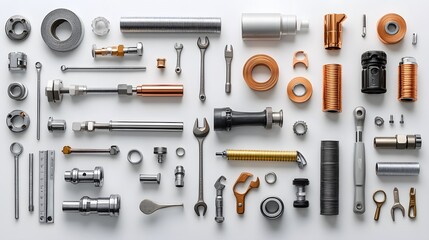 Plumbing tools and materials are neatly arranged on a white background, showcasing a well-organized layout of hoses, pipes, and fittings in a diverse industrial still-life style.