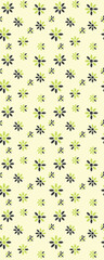 A repeating floral pattern featuring green and black flowers on a light yellow background, suitable for textile or wallpaper design.
