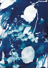 Cyanotype abstract blueprint with flowers
