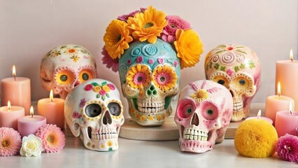 Illustration of Dia de los Muertos celebration with colorful skulls and candles.Colorful skulls with candles to celebrate the Day of the Dead