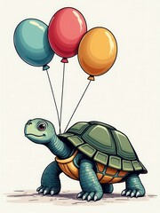 Obraz premium A vibrant digital illustration showcasing a green turtle being lifted by three colorful balloons: red, orange, and blue, bringing a sense of joy and adventure in a cartoon style.