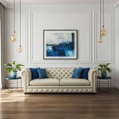 A mid-century modern living room, dark teal accent wall, large textured art canvas, teal velvet sectional sofa with colorful patterned throw pillows, wood floors, potted plant decor, industrial pendan