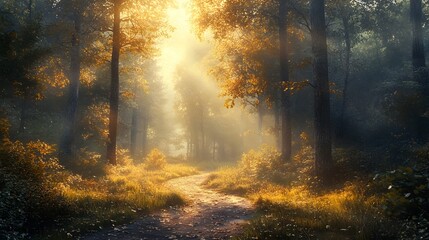 A sunlit forest crossroads reveals three diverging paths under bright dappled light, creating a serene and ethereal atmosphere in a misty morning scene.