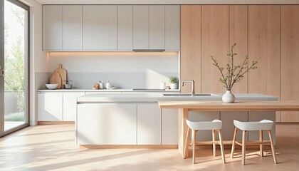Modern kitchen interior with wooden island and white cabinets.