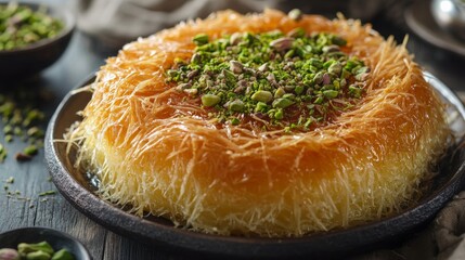 Arabic food, including the traditional Middle Eastern dessert of cheese kunafa. A delectable delicacy made of shredded phyllo dough and silky, melted cheese. served with crumbled pistachios and sugar 