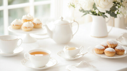 An elegant tea party setting with fine china, delicate pastries, and beautifully arranged teacups on a white background, showcasing sophistication and style. photo