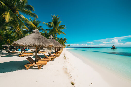 Umbrellas and chaise longues perfect beach with blue transparent sea