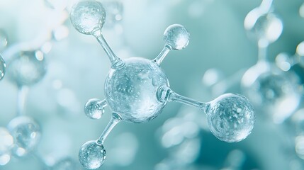 Translucent light blue water molecules are depicted in macro detail, showcasing crystal-clear spheres and floating bubbles in a soft-focus, scientific visualization.