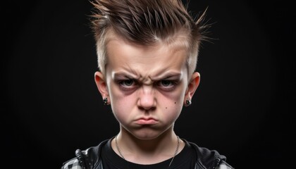 Fototapeta premium face of angry teenager looking like punk on dark background