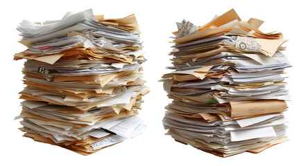 Stacks of cluttered papers and documents for office, organization, and workload concepts, Cutout, Isolated on White Background