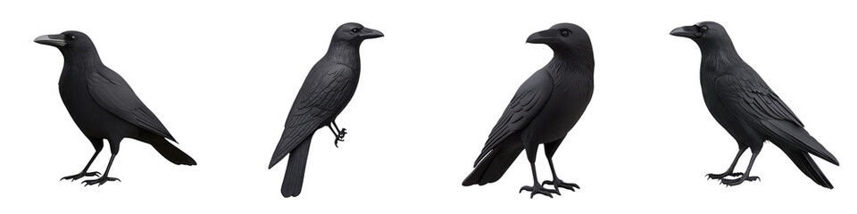 Fototapeta premium A detailed illustration of four different stylized black ravens showcasing unique postures and angles, perfect for design projects.