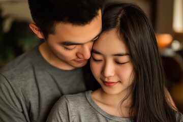 A close-up portrait of a young Asian couple wearing casual t-shirts, with a blurred background.