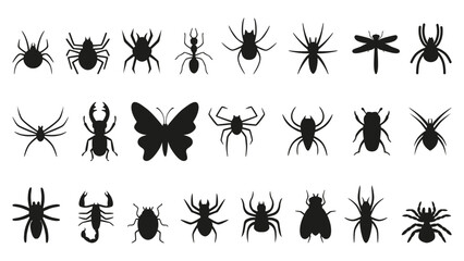 Black insects icons. Different insect silhouettes, buds spiders butterfly dragonfly scorpion tarantula. Nature elements, seasonal neoteric vector characters