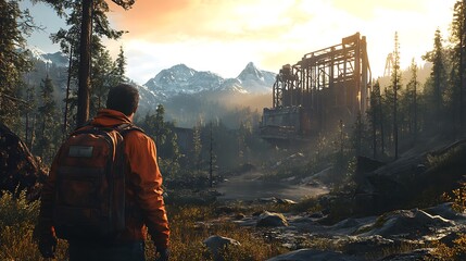 Man with Backpack Advancing Towards Abandoned Structure in a Misty Forest