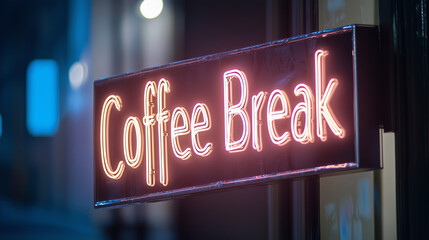 A neon "Coffee Break" sign illuminated against a dark background, casting a colorful glow and drawing attention. photo