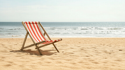 A single striped chaise lounge on a sunlit sandy beach, emphasizing a bright and cheerful spot for relaxation by the sea. photo