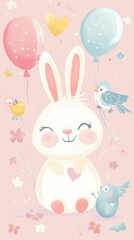 Joyful Baby Bunny Surrounded by Cheerful Birds and Colorful Balloons in a Pastel Wonderland