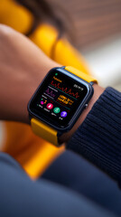 Person using a smartwatch with yellow strap outside