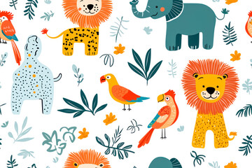 Obraz premium Seamless pattern with African animals, and plants.Lion, elephant, giraffe, parrot.
