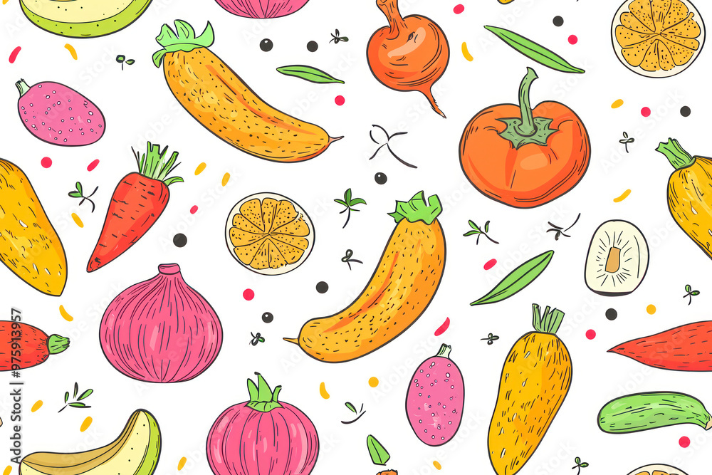 Wall mural Vegetables and fruits doodle style seamless pattern.