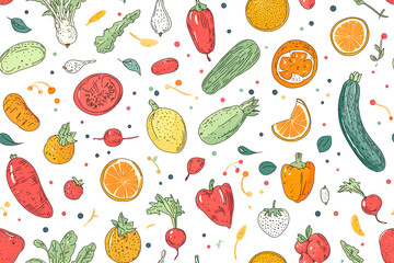 Vegetables and fruits doodle style seamless pattern.