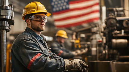 Worker at industrial site with American flag behind.