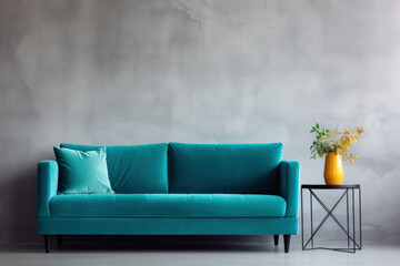 Turquoise sofa near window against concrete wall with copy space. Minimalist home interior design of modern living room